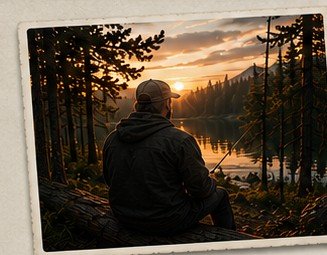 An outdoorsman overlooking a mountain lake at sunset